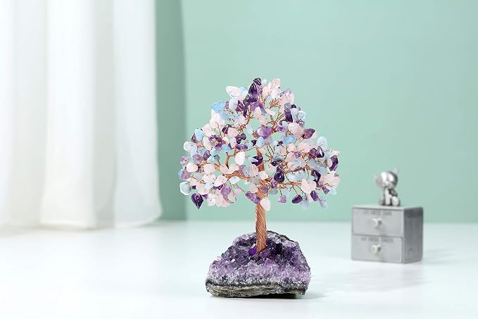 Jovivi Natural Amethyst + Aquamarine + Rose Quartz Healing Crystal Money Tree on Amethyst Cluster Geode Druzy Base Feng Shui Crystals for Home Office Desk Decorations, Wealth, Good Luck