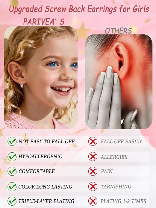 Hypoallergenic Screw Back Earrings for Women Girls Kids Surgical Steel Earrings for Sensitive Ears Cute Heart CZ Flower Butterfly Toddler Girl Earrings Screwback Studs Hoops