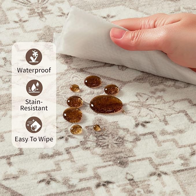 Rugxara 8x10 Washable Area Rug for Living Room, Vintage Neutral Extra Large Boho Rugs for Office, Kids Room, Farmhouse, Durable Low Pile Non Slip Carpet for High Traffic Areas, Cream