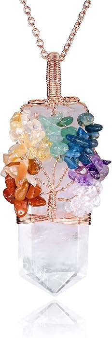 Natural 7 Chakra Stone Life Tree Pendant Necklace Reiki Healing Crystal Tumbled Stones Necklace Women Jewelry for Good Luck, Meditation, Protection, Energy Balancing, Gift
