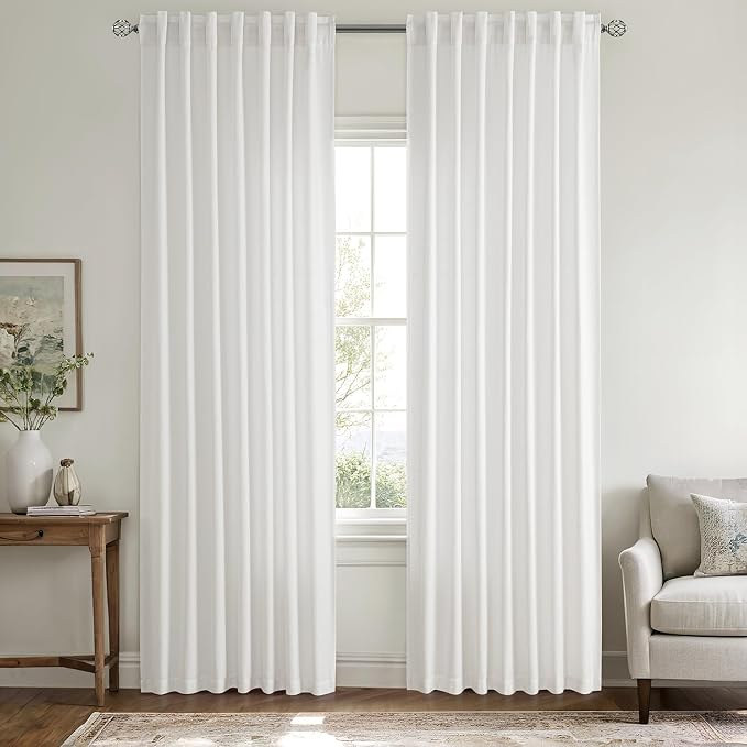 MIULEE Non-See-Through Privacy Linen Curtains 52W x 84L Inch Pure White | 2 Panels, Light Filtering, Semi Sheer Window Curtains, Farmhouse Textured, Back Tab Drapes for Bedroom Living Room