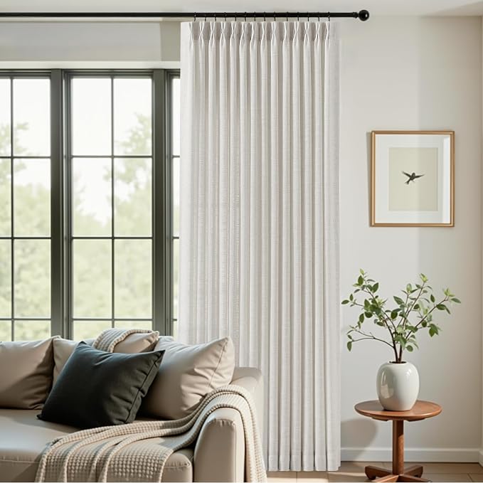 IVAPUPU Extra Width Pinch Pleated Curtains for Living Room, Linen Blend Sheer Curtain Pleated Light Filtering Privacy Back Tab Drapes with Hooks Rings for Sliding Door, 1 Panel, 70Wx84L, Beige White