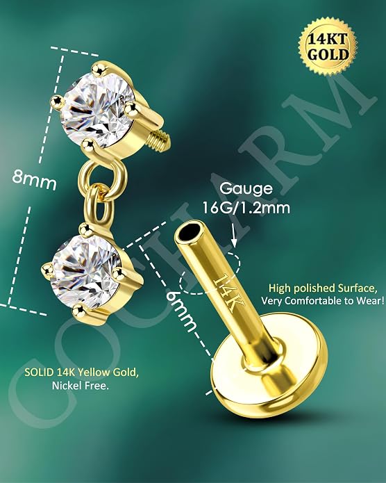 COCHARM 14K Gold Helix Cartilage Tragus Earring Stud Flat Back16g Real Gold Conch Helix Tragus Piercing Jewelry Dangle 14Kt Lip Labret Stud Internally Threaded