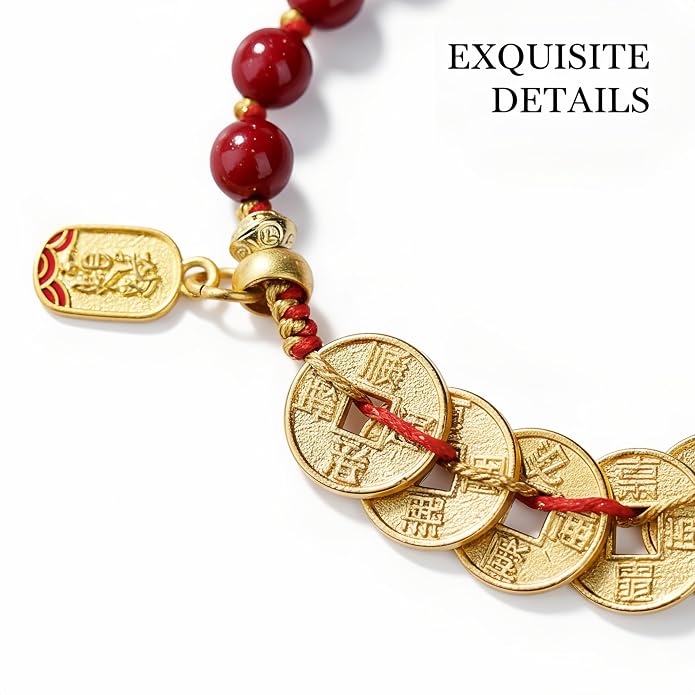Feng Shui Bracelet for Wealth and Success – Genuine Cinnabar Beads with Five Emperor Coins Amulet – Spiritual Protection & Good Luck Jewelry – Adjustable Health & Prosperity Charm for Men and Women