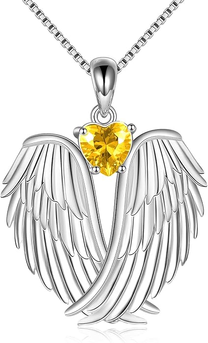 YFN Angel Wings Necklace 925 Sterling Silver Guardian Angel Wings Pendant Necklace Birthstone Necklace for Women Girls Christmas Jewelry Gifts