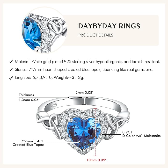 DAYBYDAY Celtic Birthstone Rings for Women 925 Sterling Silver Heart/Round/Pear/Oval Created Gemstone Moissanite Halo Engagement Promise Rings for Her Wife Birthday Anniversary Wedding Jewelry