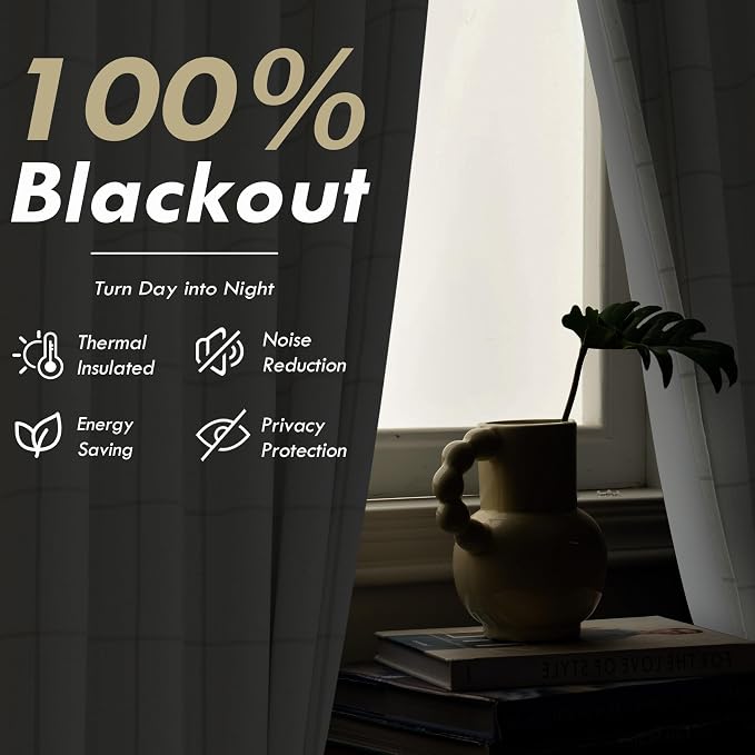 DriftAway 100% Blackout Plaid Linen Curtains 102 Inches Long 2 Panels Taupe | 100% Blackout, Linen Texture, Plaid Pattern, Two Layers, Rod Pocket & Back Tab, Bedroom Living Room Use, Luxury Appearance