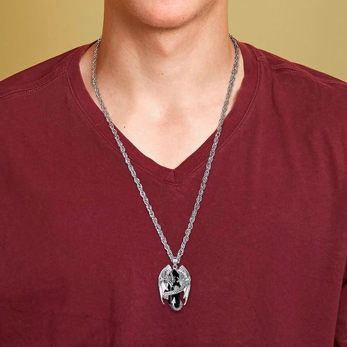 INFUSEU Unique Dragon Necklaces with Healing Crystal Stone for Men Women, Personalized Spiritual Gifts, 24 Inch Chain
