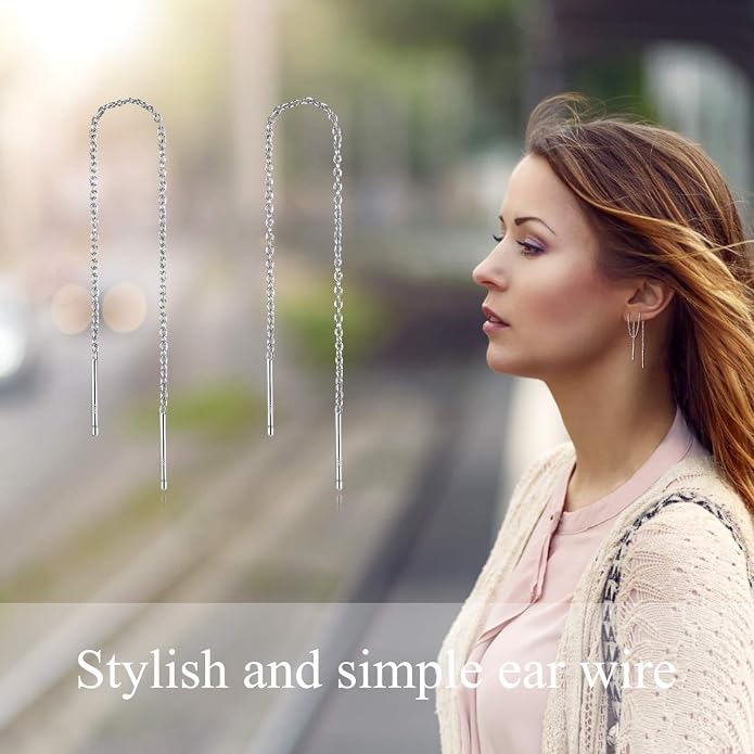 YFN Threader Earrings Sterling Silver Chain -Earrings for Women Dangle Earrings Thread Dangling Threaded Long Chain Earring Nickel Free Hypoallergenic Ear for Women