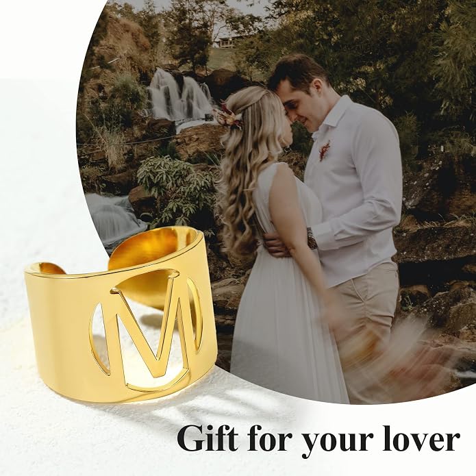 KeyStyle Bold Initial Letter Rings Adjustable, GoldChic Jewelry Women Gold Statement Ring Personalized Engraved Women’s Open Signet Ring for Party (Gold, White Gold, Black)