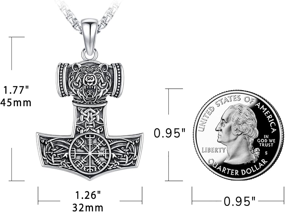 Eusense Viking Necklace for Men Women 925 Sterling Silver Pendant Thors Hammer/Norse Runes/Odin's Ravens/Wolf/Dragon/Snake/Yggdrasil/Freya/Helm of Awe/Valknut/Triskelion/Axe/Shield Viking Jewelry