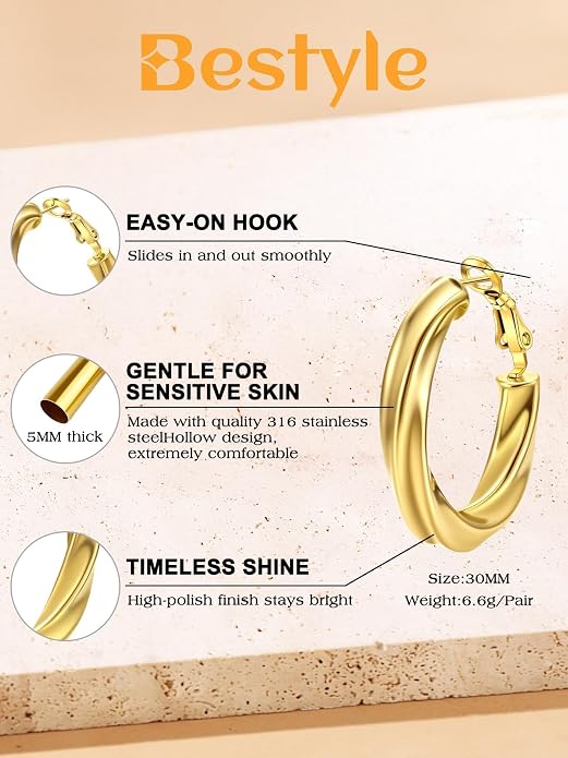 Bestyle 5mm Thick Gold Hoop Earrings Hypoallergenic Hoops for Sensitive Ears Trendy Lightweight Chunky Earrings for Women 30/40/60/80mm
