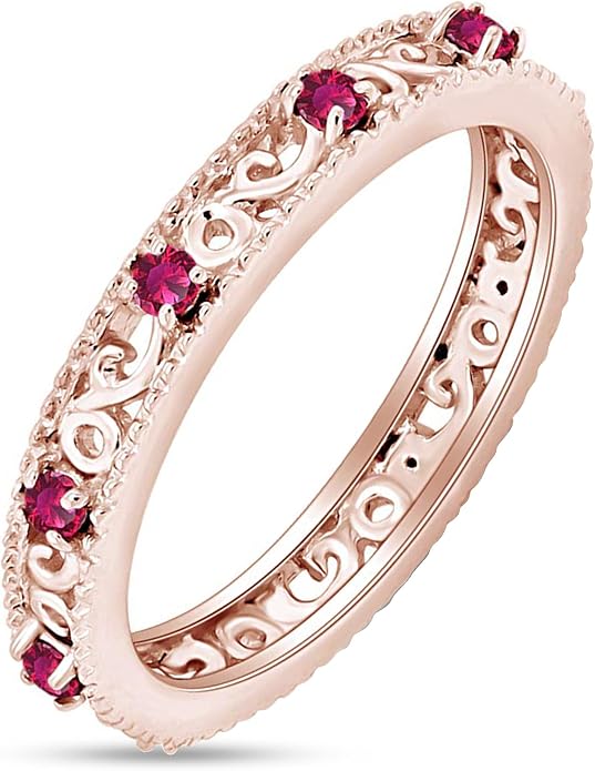Jewel Zone US Filigree Eternity Wedding Band Ring for Women, Round Cut Simulated Gemstone Stackable Promise Ring in 14K Gold Plated 925 Sterling Silver Band Width 3.5mm – Elegant Jewelry for Her