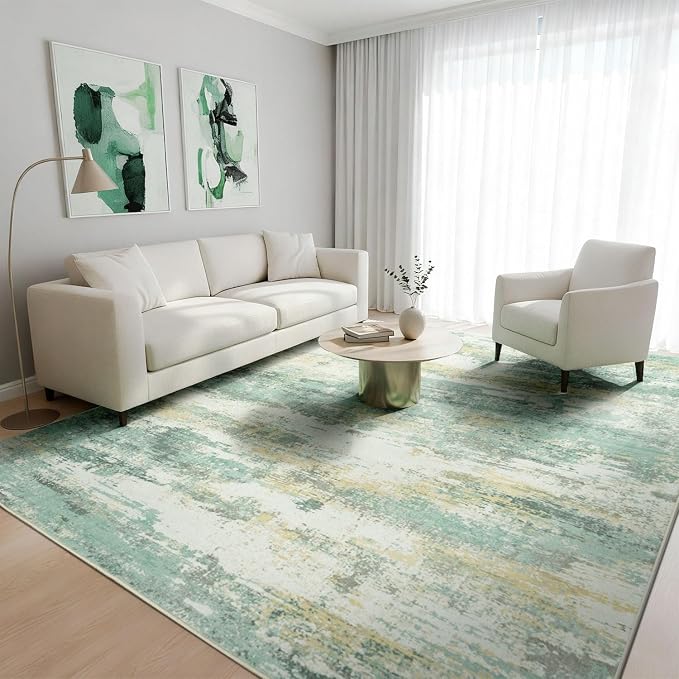 Rugflix 5x7 Area Rugs for Living Room, Washable Large Rug Stain-Resistant Low Pile, Modern Carpet for Dining Room Home Office Kid Room Nursery Bedroom, Light Green