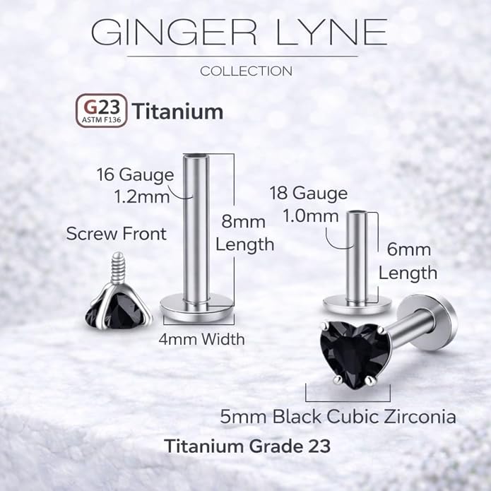 Titanium Heart CZ Labret Stud Earrings for Piercings by Ginger Lyne 6Pc Set G23 Screw Front Flat Back Body Jewelry 2 pair post 6mm, 8mm Cartilage, Helix, Tragus, Lip, Conch, Lobe