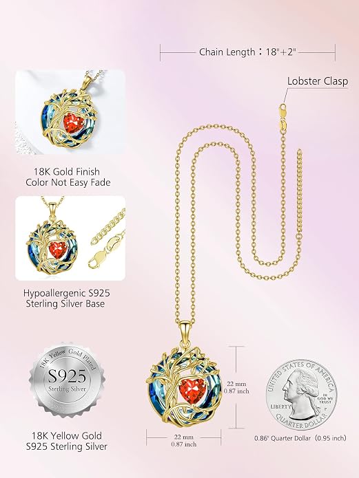 TOUPOP Tree of Life Birthstone Necklace Sterling Silver Pendant Birthstone Necklaces with Blue Crystal Anniversary Birthday Jewelry for Women Mom Wife Her