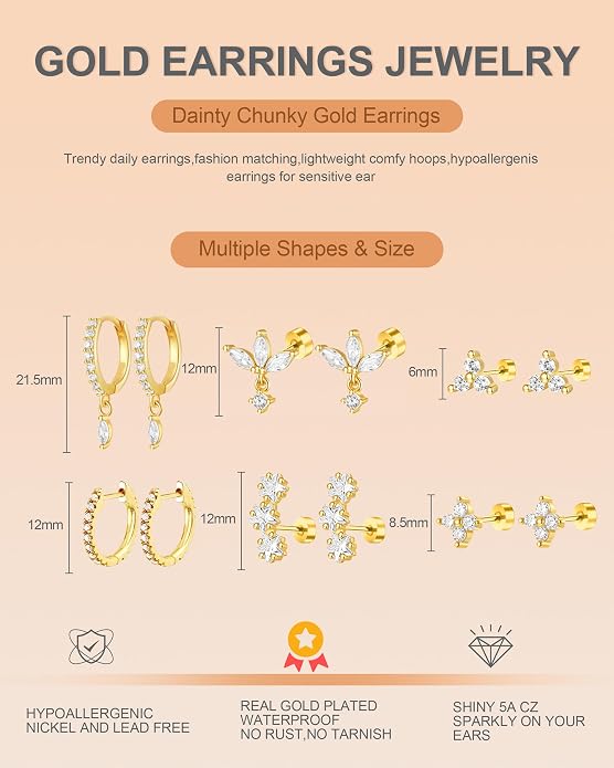 14K Gold Plated Dainty Stud Hoop Earrings for Women 6 Pairs Huggie Hypoallergenic Silver Gold Flat Back Cartilage Stud Earrings Set for Multiple Piercing Luxury Cubic Zirconia Drop Earrings Jewelry Trendy Gifts