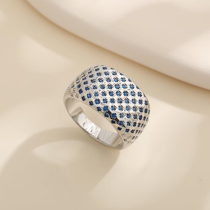 Bold Architectural Ring with Blue Zirconia, 925 Sterling Silver White Gold Plated Chunky Wide Eternity Band, Brutalist Statement Ring for Women, Maximalist Jewelry Gift