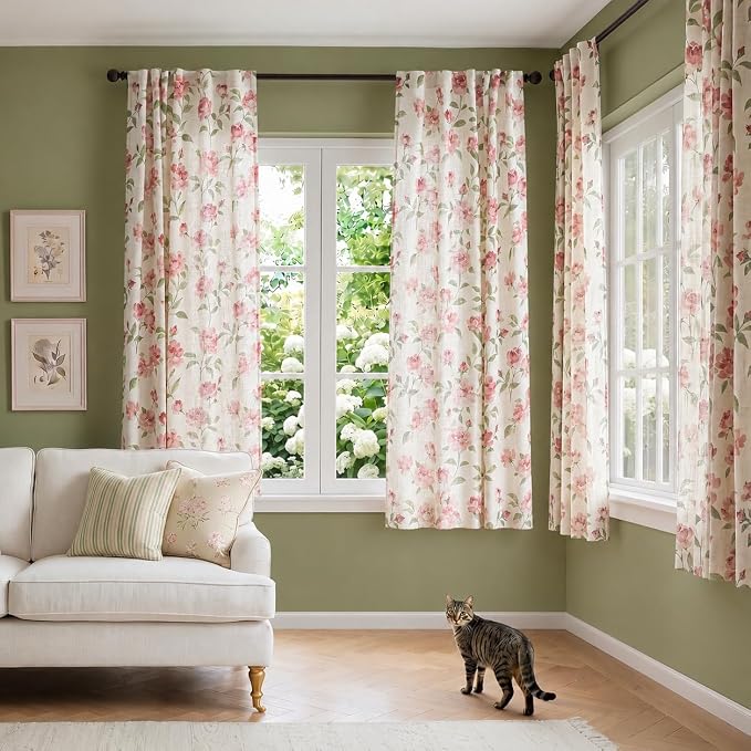 jinchan Pink Floral Linen Curtains 63 Inch Cottagecore Back Tab 2 Panels | Light filtering drapes, semi sheer, farmhouse, watercolor, romantic, living room, bedroom, rod pocket, window treatment