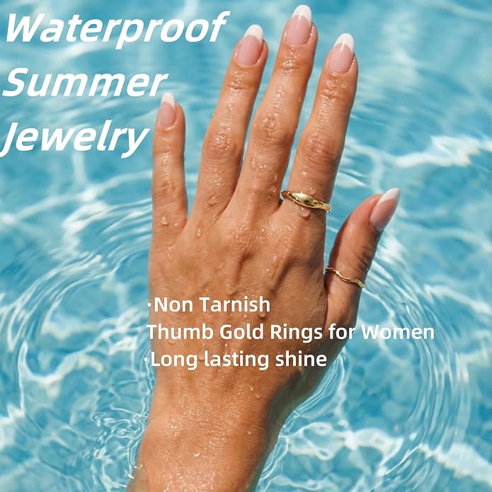 Gold Rings for Women Men Non Tarnish, Waterproof Chunky 14K Gold Plated Dainty Stackable Rings Trendy Statement Pinky Thumb Rings Engagement Eternity Wedding Band Ring Stacking Gold Jewelry Size 3 4 5 6 7 8 9 10 11
