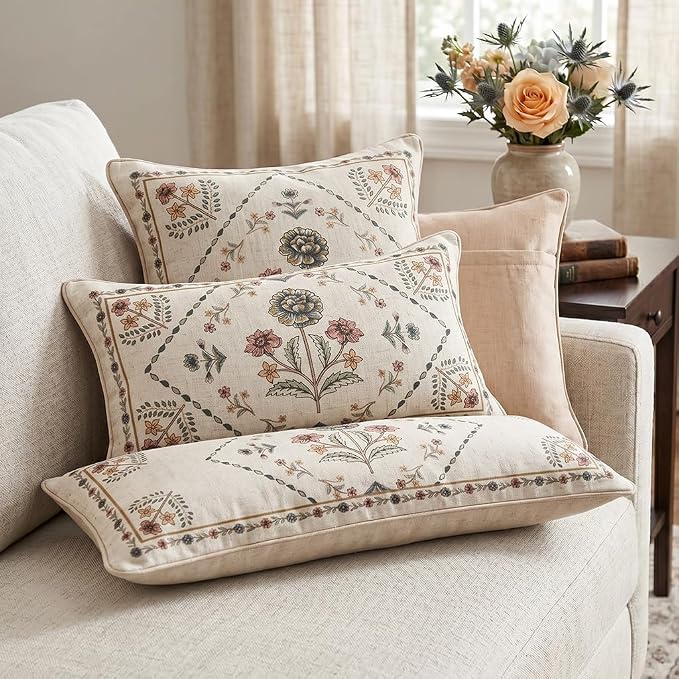 ISAENNE Designer Linen Throw Pillow Cover,Set of 2,20"x12"-Cornucopia B | Elegant French Rectangle Pillow Cover,Concealed Zipper Design,Floral Pattern,Sofas,Bedroom,Living Room,Lounge Chairs