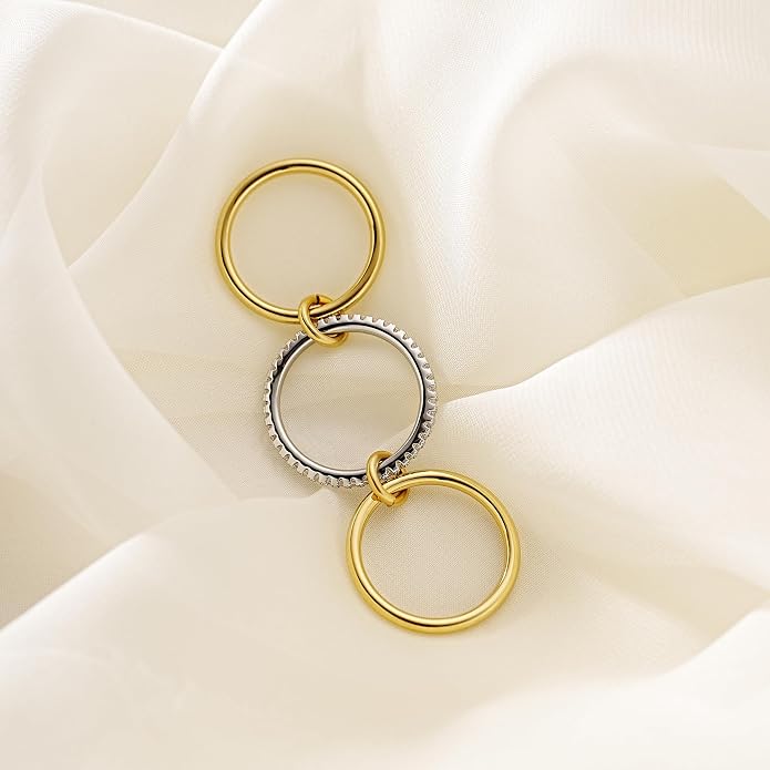 AllenCOCO 14K Gold Plated Stackable Rings, 3 Ring Set with CZ Cubic Zirconia, Gold & Silver Stacked, Interlocking Band for Women Statement