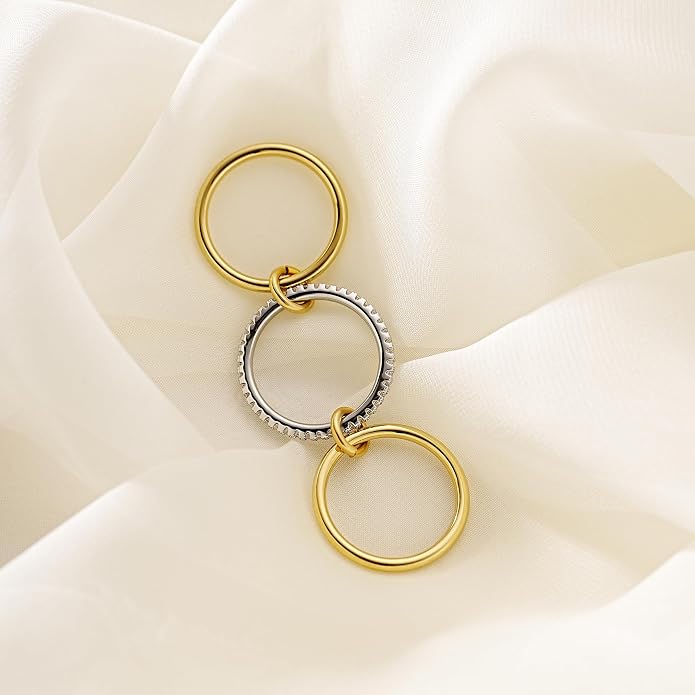 AllenCOCO 14K Gold Plated Stackable Rings, 3 Ring Set with CZ Cubic Zirconia, Gold & Silver Stacked, Interlocking Band for Women Statement