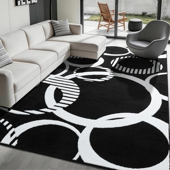 YIHOUSE Black and White Rug Washable 5x7 Area Rugs for Living Room | High and Low Pile Modern Rug for Bedroom Non Slip, Soft Modern 3D Textured Carpet for Dining Room Playroom Home Office Decor