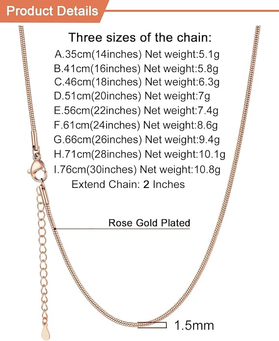 U7 Snake Necklace for Women 14K Gold Plated/Silver/Rose Gold/Black Chain Necklace Hypoallergenic, Stainless Steel Tiny Snake Chain Necklace 1/1.2/1.5/2MM, 14-30" Adjustable Minimalist Gift