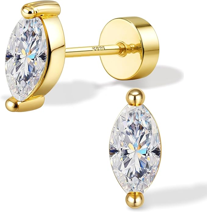 GEMQUEEN Moissanite Earrings Studs Flat Back Earrings Hypoallergenic - 14K Gold Plated Sterling Silver Earring for Women Men Small Dainty Cartilage Helix Piercing Jewelry D Color VVS1