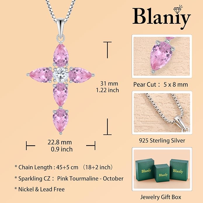Cross Necklace for Women 925 Sterling Silver Teardrop Birthstone Pendant Religious Jewelry Gifts for Women