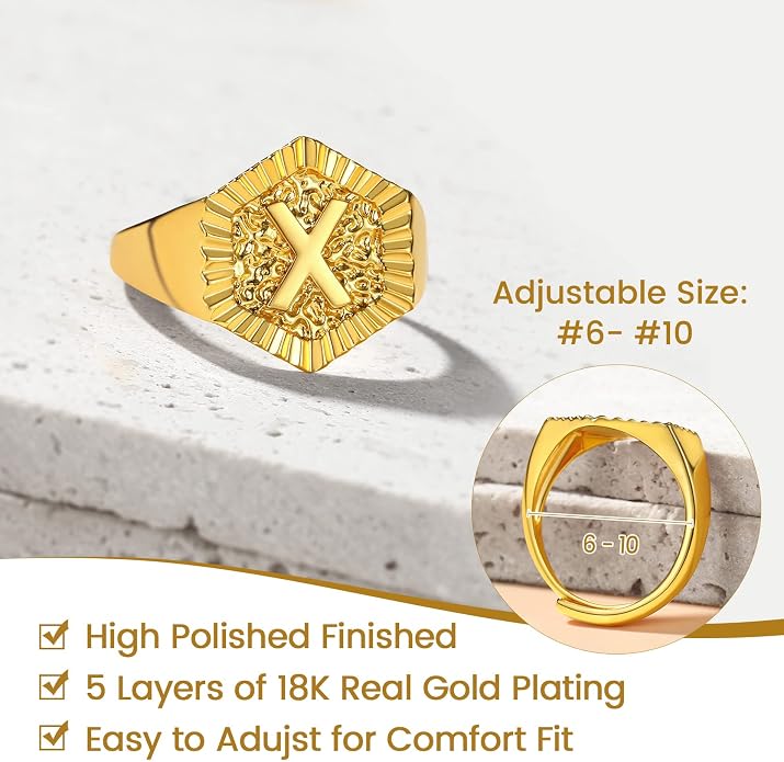 KeyStyle Bold Initial Letter Rings Adjustable, GoldChic Jewelry Women Gold Statement Ring Personalized Engraved Women’s Open Signet Ring for Party (Gold, White Gold, Black)