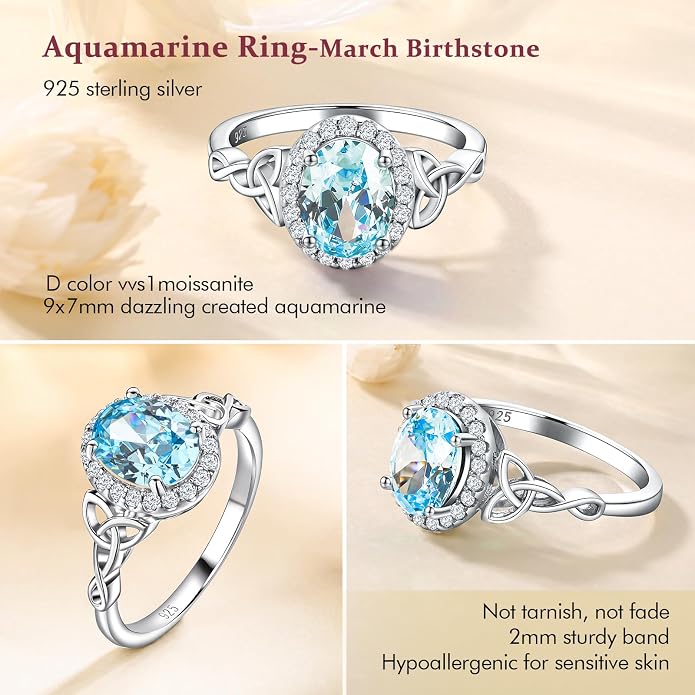 DAYBYDAY Celtic Birthstone Rings for Women 925 Sterling Silver Heart/Round/Pear/Oval Created Gemstone Moissanite Halo Engagement Promise Rings for Her Wife Birthday Anniversary Wedding Jewelry