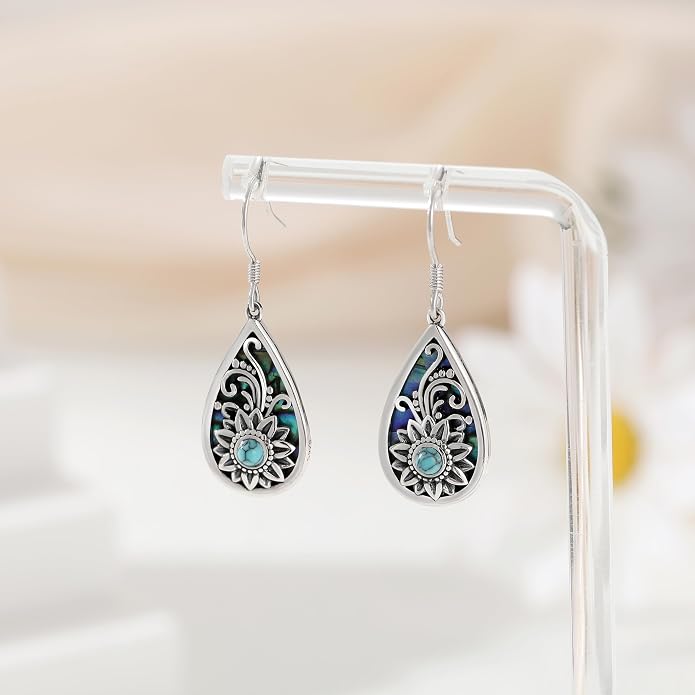 Sterling Silver Abalone Shell Filigree Dangle Drop Earrings Bohemia Jewelry Gift for Women Mother Mom