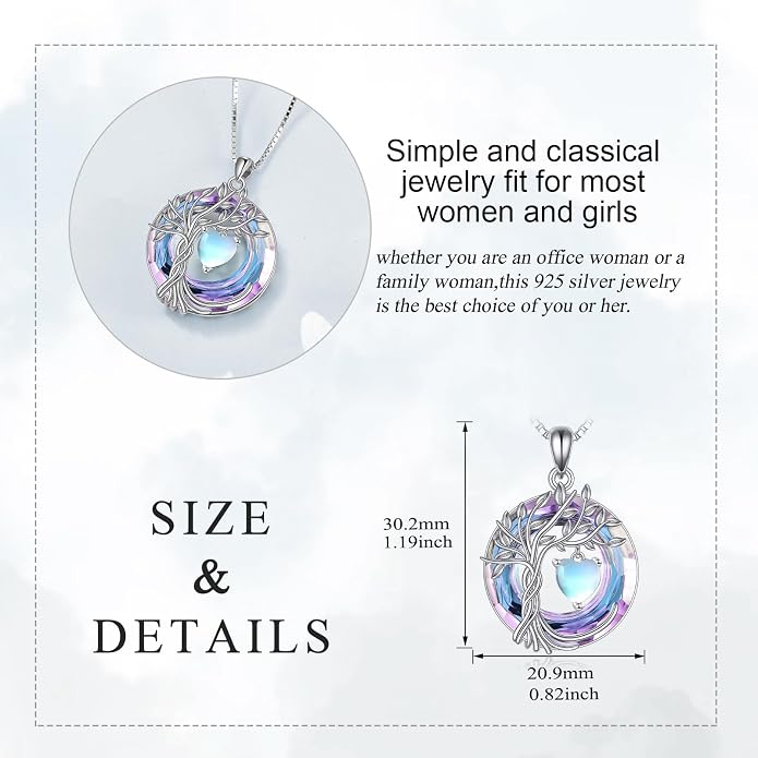 POPLYKE Mothers Day Gifts for Mom Her Wife Tree of Life Necklace 925 Sterling Silver Birthstone Pendant with Crystal Anniversary Birthday Wedding Jewelry for Women
