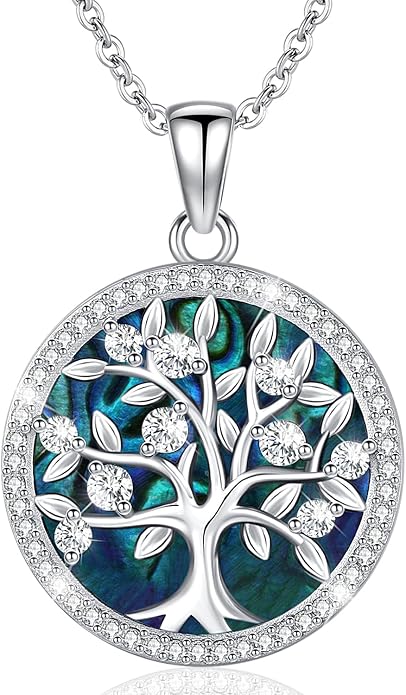 Aniu Tree of Life Necklace for Women, 925 Sterling Silver Mother of Pearl Family Palm Tree Charm Pendant Jewelry for Birthday Christmas Gift