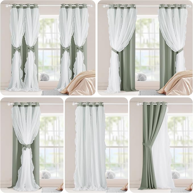 PONY DANCE Blackout Curtains for Whimsical Forest Teen Room, Double Layer Drapes Ruffle Sheer Overlay Farmhouse Rustic Design, W 52 x L 84 Inches, Sage Green, 2 Panels