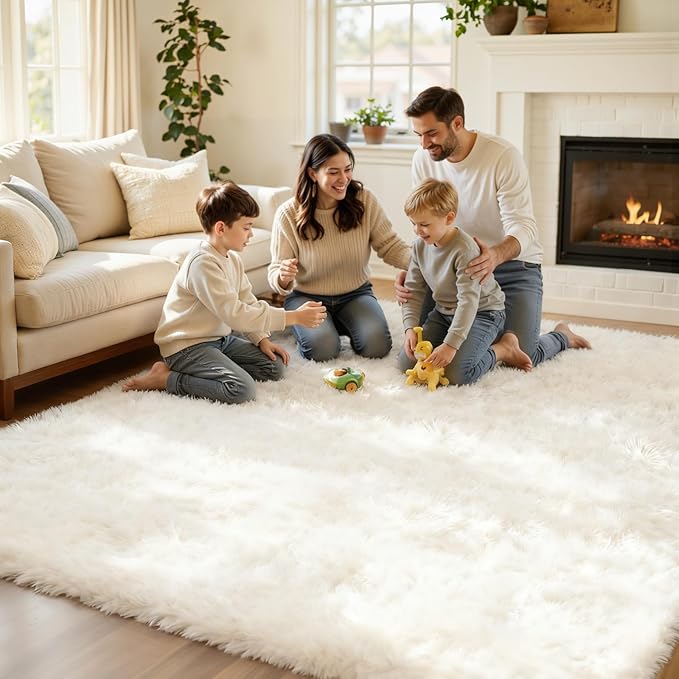 6x9 Area Rug for Living Room, Ultra Soft Fluffy Shag Rugs for Bedroom, Non-Slip Large Fuzzy Plush Rug Indoor Floor Carpet for Nursery Kids Office Dorm Modern Decor, White