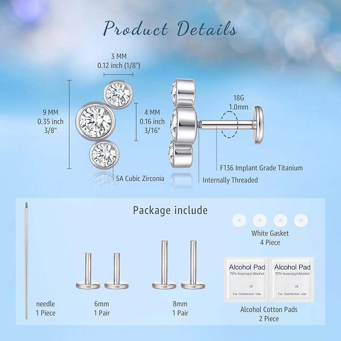 Limerencia 2Pcs 18g Titanium Internally Threaded Tragus Piercing Jewelry Nose Studs Flat Back Earrings Labret, Lip, Helix, Cartilage, Conch, Medusa Piercing for Women Men Sensitive Ears