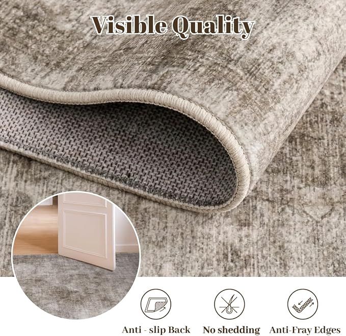 Homemate Washable Rug 4x6 Area Rugs - Vintage Faux Wool Rugs for Living Room Bedroom Dining Room - Non Slip Foldable Carpet Indoor Area Rug for Home Decor（4'x6', Brown