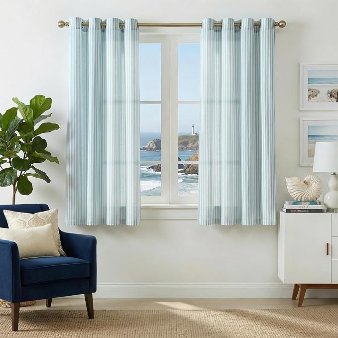 jinchan Linen Curtains 63 inch Aqua Blue Stripe on White Grommet 2 Panels | Curtains for Living Room Bedroom,Ticking Vertical Stripe ,Modern Beachy Coastal Drapes,Window Treatment,Light Filtering