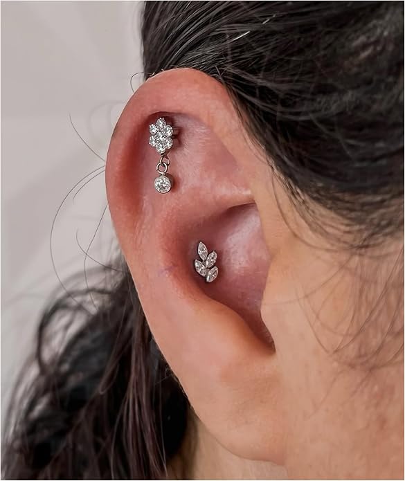Jewseen G23 Titanium Flat Back Earrings Internally Threaded Cartilage Stud 16g Nose Leaf Lip Tragus Helix Earrings for Women Men