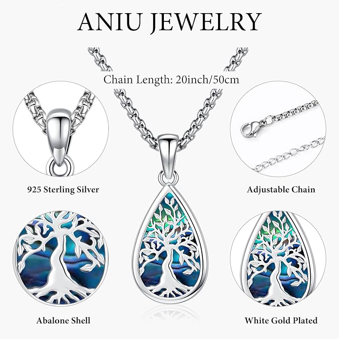 Aniu Tree of Life Necklace for Women, 925 Sterling Silver Mother of Pearl Family Palm Tree Charm Pendant Jewelry for Birthday Christmas Gift
