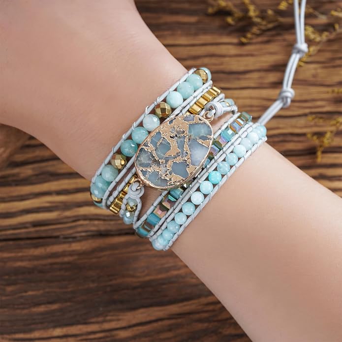 Plumiss Women Boho Handmade Natural Stone Crystal Leather Bead Wrap Bracelets Collection