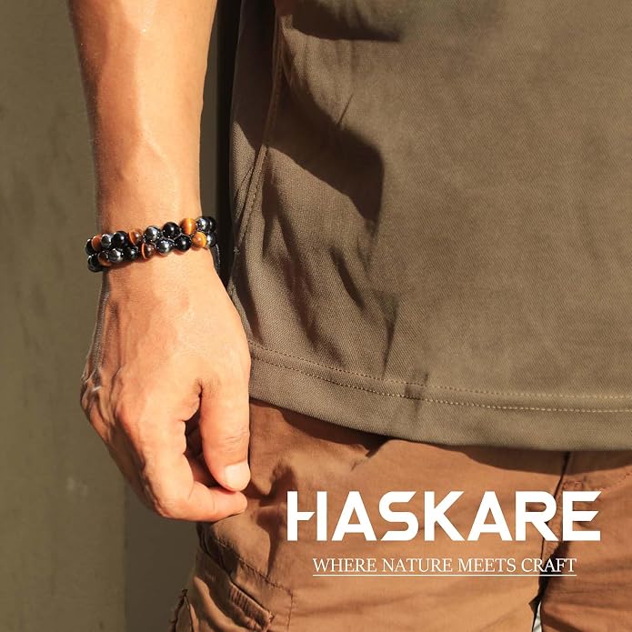 HASKARE Triple Protection Bracelet for Men - Genuine Tigers Eye Black Obsidian Hematite 8mm Natural Stone Beads Stretchy Healing Crystal Jewelry, Anxiety Relief Energy, Ideal for Dad Husband Christmas Birthday