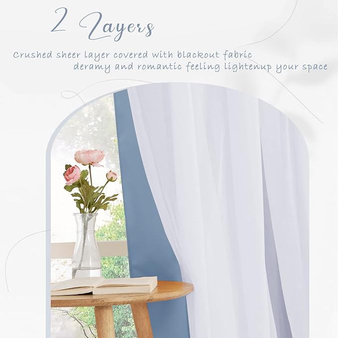 PONY DANCE Curtains for Living Room - 84 inches Long Sheer Curtains with Blackout Panels Double Layered Blackout Home Decor, 52-inch Wide, Shadow Blue, Set of 2