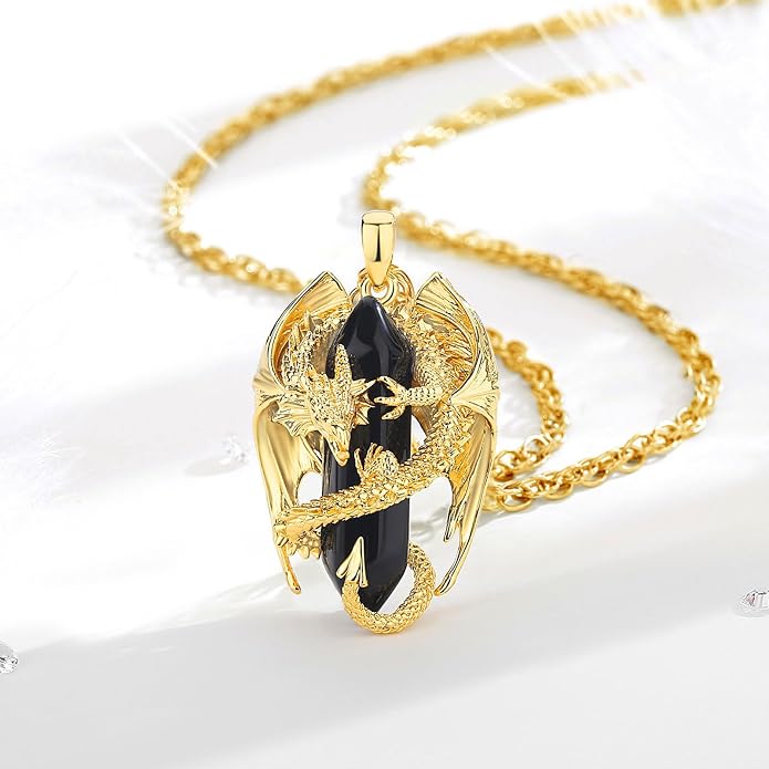 INFUSEU Unique Dragon Necklaces with Healing Crystal Stone for Men Women, Personalized Spiritual Gifts, 24 Inch Chain