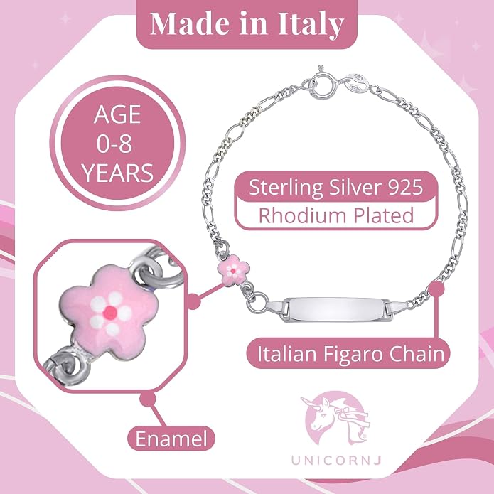 UNICORNJ 925 Italy Sterling Silver Child or Baby Name Bracelet Girls Boys, Personalized Engraved Kids ID Bracelets, 6.5" Figaro Chain, Enamel Charm Newborn Infant Toddler Kid Jewelry