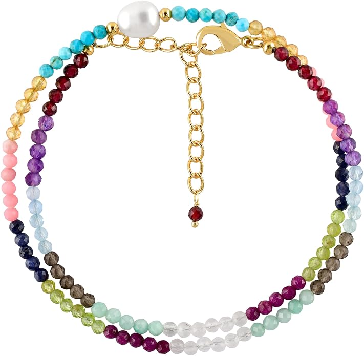 InfinityGemsArt Gemstone Gold Necklace For Women, Birthstone Natural Crystal Stone With Freshwater Pearl Beaded Jewelry, Gold Plated 18 Inch Chain