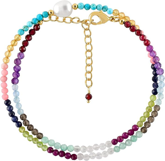 InfinityGemsArt Gemstone Gold Necklace For Women, Birthstone Natural Crystal Stone With Freshwater Pearl Beaded Jewelry, Gold Plated 18 Inch Chain